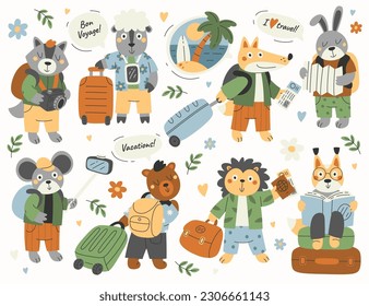 Animales turistas ilustraciones planas ambientadas. zorro, conejo, ratón, oveja, mapache y oso con maletas, boletos y pasaportes. Viajando al paraíso. Mapa, accesorios de cámara digital. Elementos de diseño