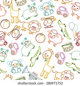 Animals and toys baby pattern on white background