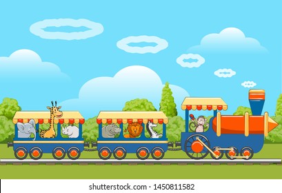 Animals train. Baby animal traveling, cute animals travel by railway transport vector illustration, cartoon lion and zebra, funny monkey and elephant in wagons