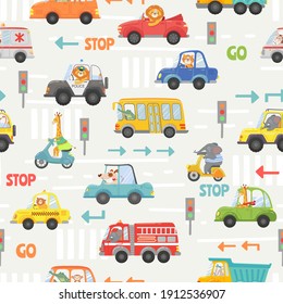 Animals in transport seamless pattern. Kid cartoon cars, bus, police and bike with animal driver. Vector texture with road traffic and signs. Lion, elephant, giraffe and dog on vehicle