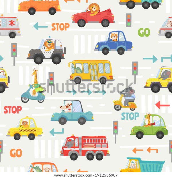 Animals\
in transport seamless pattern. Kid cartoon cars, bus, police and\
bike with animal driver. Vector texture with road traffic and\
signs. Lion, elephant, giraffe and dog on\
vehicle
