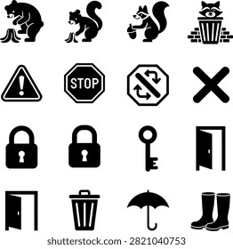 animals trash bins warning signs locks keys doors and weather accessories vector icons set