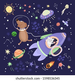 Animals travel in space, a cat flies in a rocket and wants to cut off the wire and leave the dog in outer space. Doodle in cartoon style, flat vector illustration. Humor concept. Children textile.
