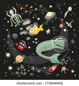 Animals travel in space, underwater world in outer space. Doodle in cartoon style, Vector for design t-shirts, cards and posters. Humor concept. Children textile.