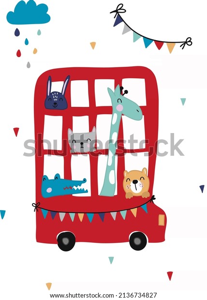 animals traveling by bus vector\
illustration designed for t-shirt on white\
background.eps