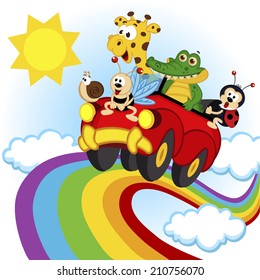 animals traveling by car over the rainbow - vector illustration, eps