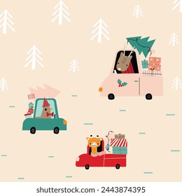 Animals are traveling in a car with a Christmas tree and gifts. New Year's bustle. Children's illustration for advent calendar or poster.