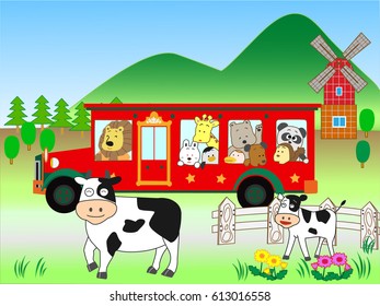 Animals traveling in the ranch by bus in summer.
