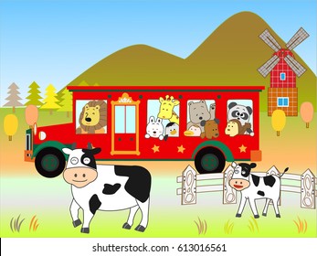 Animals traveling in the ranch by bus in autumn.