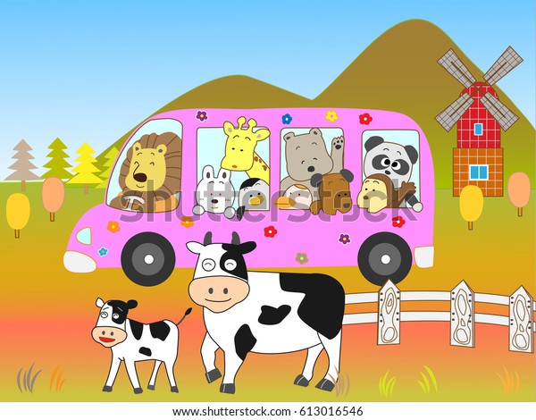 Animals\
traveling in the ranch by bus in\
autumn.