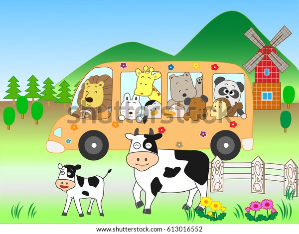 Animals\
traveling in the ranch by bus in\
summer.