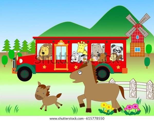 Animals\
traveling in the ranch by bus in\
summer.
