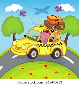 animals traveling in taxi - vector illustration, eps