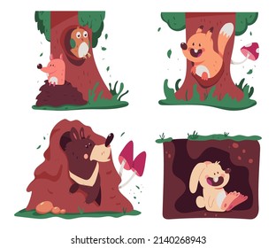 Animals in tree hollow and burrows vector cartoon illustration isolated on a white background.