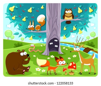 Animales y árboles. Ilustración de vectores y dibujos animados