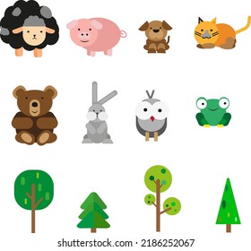 Animals and trees, illustration, vector on a white background.