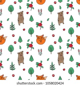 Animals and trees in Nordic style, painted on a white background and painted in different colors. Seamless pattern.