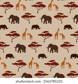 Animals and trees in the pattern.Vector seamless pattern with wild animals. Elephants, giraffes and rhinos among trees.