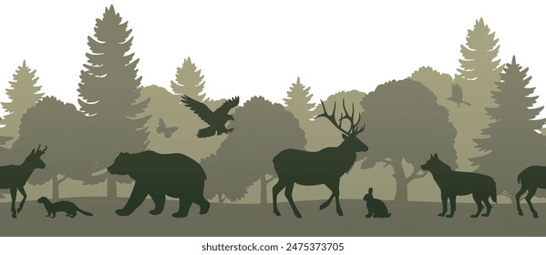 Animales, árboles, frontera sin fisuras. Ilustración de la silueta verde del Vector de la fauna panorámica del bosque sobre fondo blanco. Paisaje gráfico de naturaleza salvaje. Anuncio Horizontal, no fusionado, Elementos separados.