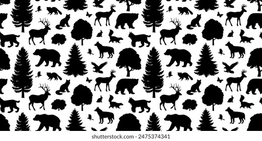 Animals and trees seamless pattern design. Vector black silhouette illustration of forest wildlife on white background. Wild nature graphic wallpaper.