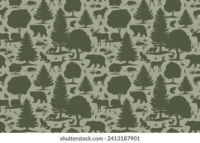 Animals and trees seamless pattern. Green silhouette vector illustration. Wallpaper design for home decoration, fabric and print.