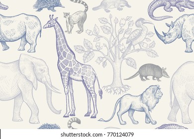 Animals and trees seamless pattern. Vintage. Vector illustration. Hand drawing. For design paper, wallpaper, textiles, fabrics, clothes, interior items, curtains. Graphics on white background.