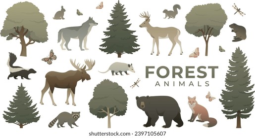 Animales y árboles. Ilustración colorida de los vectores planos de la fauna silvestre. Biodiversidad de la flora y fauna aislada. Oso, mapache, lobo, alce, ciervo, zorro, castor, zorro, zorrillo, opossum.