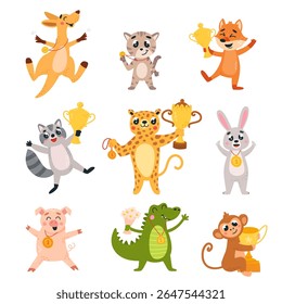 Animais com troféus e medalhas. Vencedor de animais segurando copos dourados, personagens vencedores de desenhos animados. Crocodilo, macaco guaxinim e raposa, conjunto de vetor elegante
