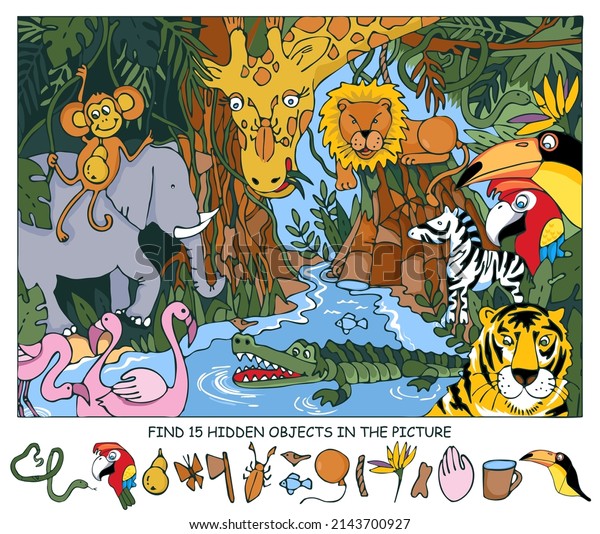Animals in tropical jungle or rainforest. Find\
hidden 15 objects in picture. Puzzle game for kids. Education game\
for family celebration, school, party, magazines. Sketch\
Vector.
