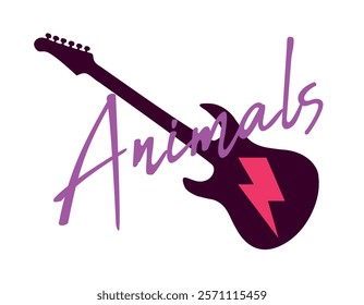 Animals. T-shirt design of the silhouette of an electric guitar and a lightning bolt next to text. Glam rock poster.