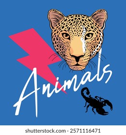 Animals. T-shirt design of a word next to a leopard head, the lightning bolt symbol and the silhouette of a crab on a light blue background. 90s design.