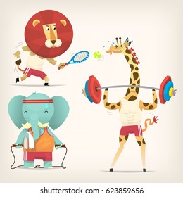 Animals in t-shirts doing sports. Vector illustrations