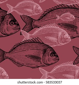 Animals under water. Seamless vector pattern. Black and pink fish  on red background. Vintage engraving art. Hand drawing sketch. Kitchen design with seafood for paper, wrapping, fabrics.