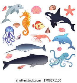 Animals of the underwater world. Big vector set of full-color sea inhabitants. Set of pictures with sperm whale, narwhal, killer whale, shrimp, fish, shells and many others in a cartoon style.