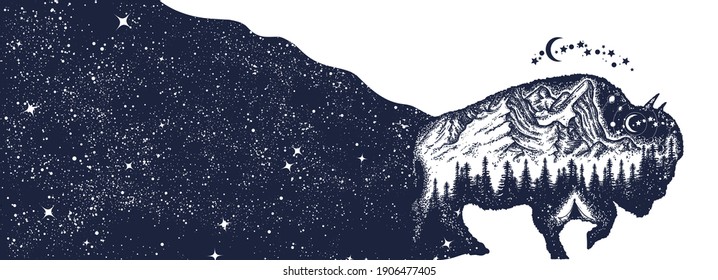 Animals in universe. Bison buffalo bull and night sky. Double exposure. Symbol of adventure, tourism and meditation. Black and white surreal graphic 