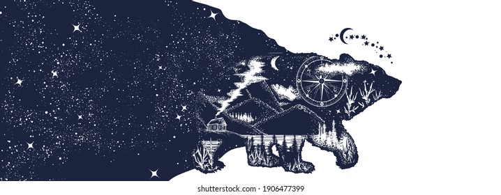 Animals in universe. Esoteric grizzly bear and night sky. Double exposure. Symbol of adventure, tourism and meditation. Black and white surreal graphic. 