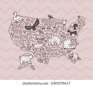 Tiere aus den USA auf der Karte. Doodle-Stil-Illustration. Skizze.