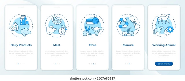 Animals use blue onboarding mobile app screen. Walkthrough 5 steps editable graphic instructions with linear concepts. UI, UX, GUI template