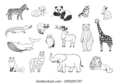 Animals Valentines day with hearts illustrations vector line set
