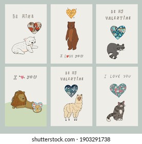 Animals Valentines day postcard set print