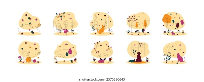 Animals of various kinds enjoy the still warm autumn and the leaves starting to fall, vector illustration.