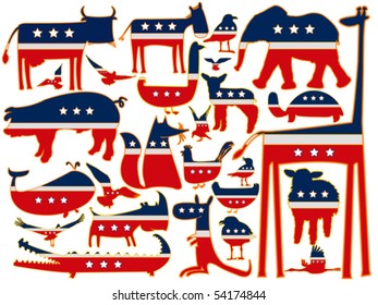 animals vector against white background, with stylized american flag; abstract vector art illustration