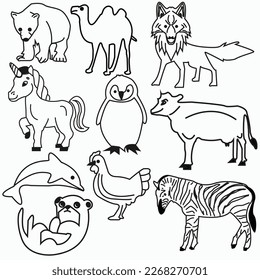 Animals vector Bear Camel Dolphin Coyote Unicorn Otter Cow Zebra Hen Penguin 