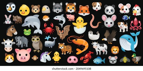 Animals vector emoji illustration set isolated on background. 3d illustration.