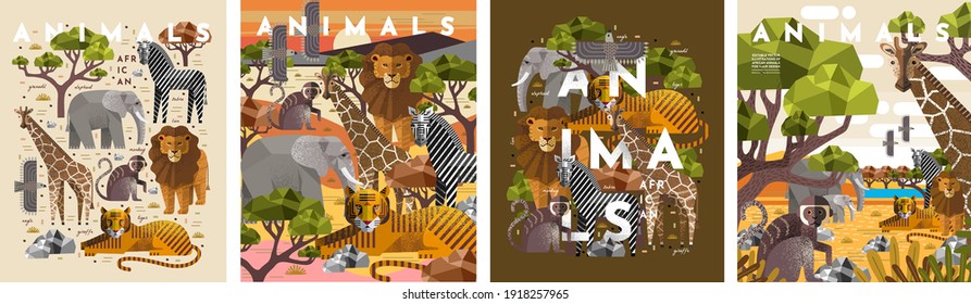 Animals. Vector flat illustrations of giraffe, elephant, monkey, tiger, lion, zebra, eagle, tree, savanna. African flora and fauna drawings for poster or background