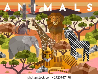 Animals. Vector flat illustrations of giraffe, elephant, monkey, tiger, lion, zebra, eagle, tree, savanna. African flora and fauna drawings for poster or background