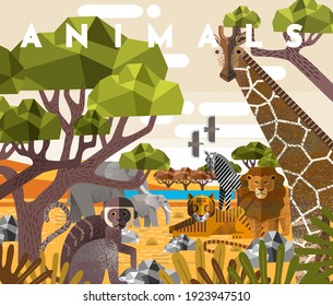 Animals. Vector flat illustrations of giraffe, elephant, monkey, tiger, lion, zebra, eagle, tree, savanna. African flora and fauna drawings for poster or background