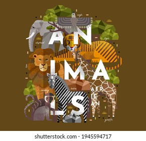 Animals. Vector flat illustrations of giraffe, elephant, monkey, tiger, lion, zebra, eagle, tree, savanna. African flora and fauna drawings for poster or background