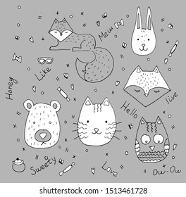 Animals vector hand drawn illustrations set. Cute cartoon fox, rabbit, bear, owl, cat, isolated on grey background. Sweet beasts doodle drawing. Children book, greeting card postcard design elements