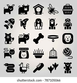 Animals vector icon set. bull, fish bone, bird cage and fox